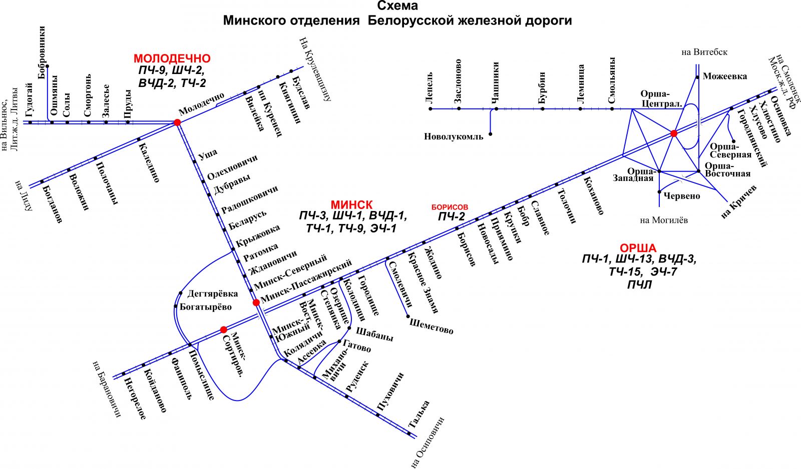 Схема Минского отделения Белорусской железной дороги